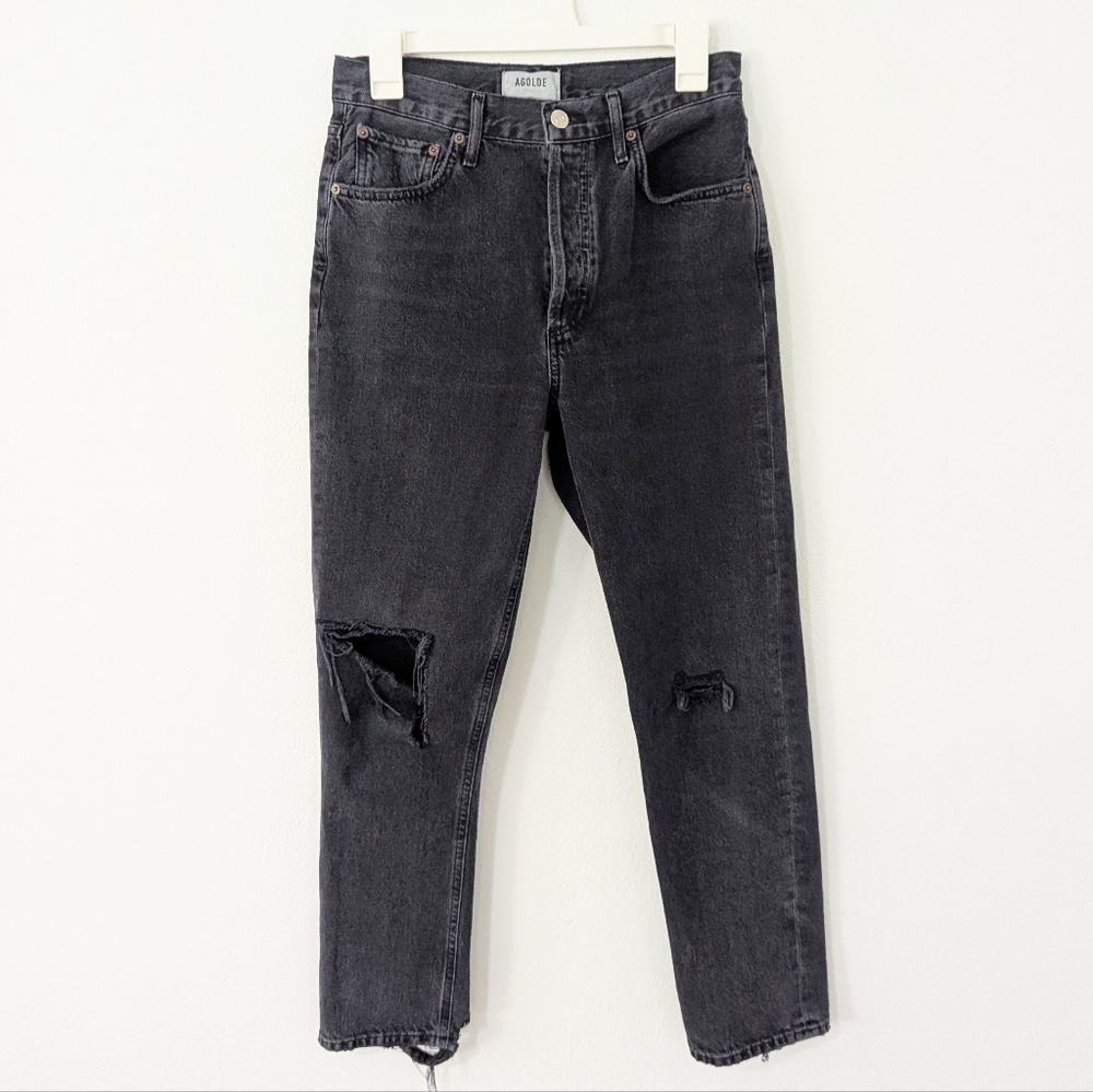 Agolde Riley Ripped Crop Straight Leg Jeans Denim Distressed Ripped Black 27